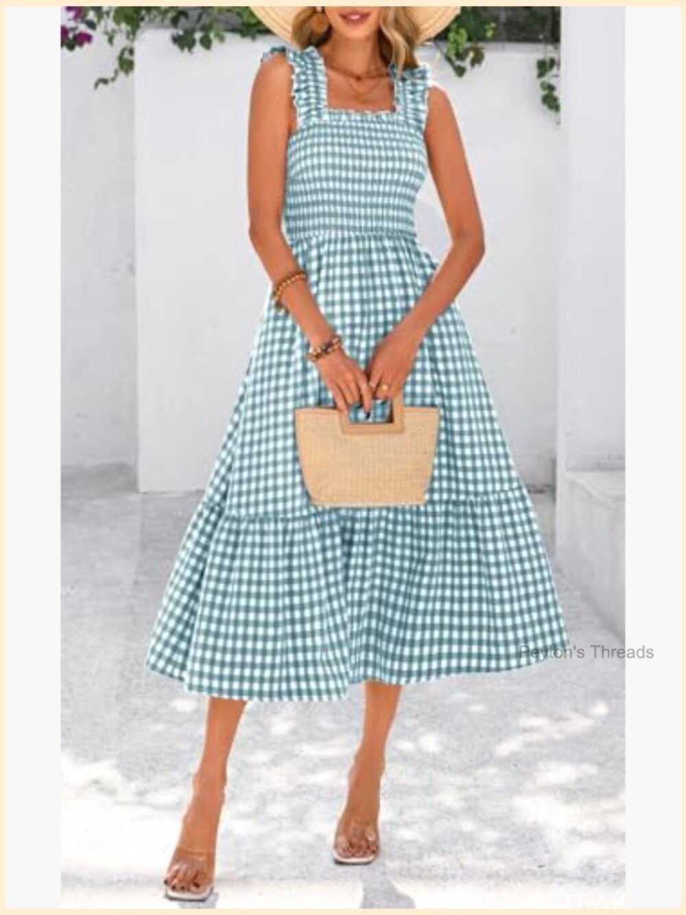 Women's Summer Dress Square Neck Ruffle Strap Gingham Smocked Midi Flowy A-Line - Picture 4 of 7
